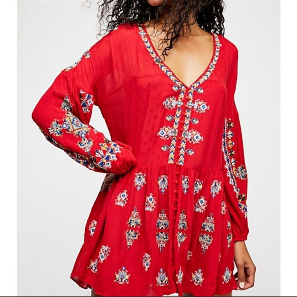 Free People Red Arianna Embroidered Tunic/ Dress